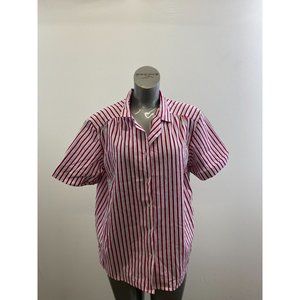 BBW Women's Button Up Short Sleeve Top Size 44 Red Blue Striped Polyester Blend